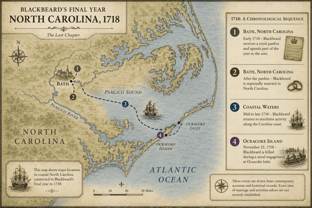 Map of Bath and Ocracoke in North Carolina during Blackbeard's final year in 1718