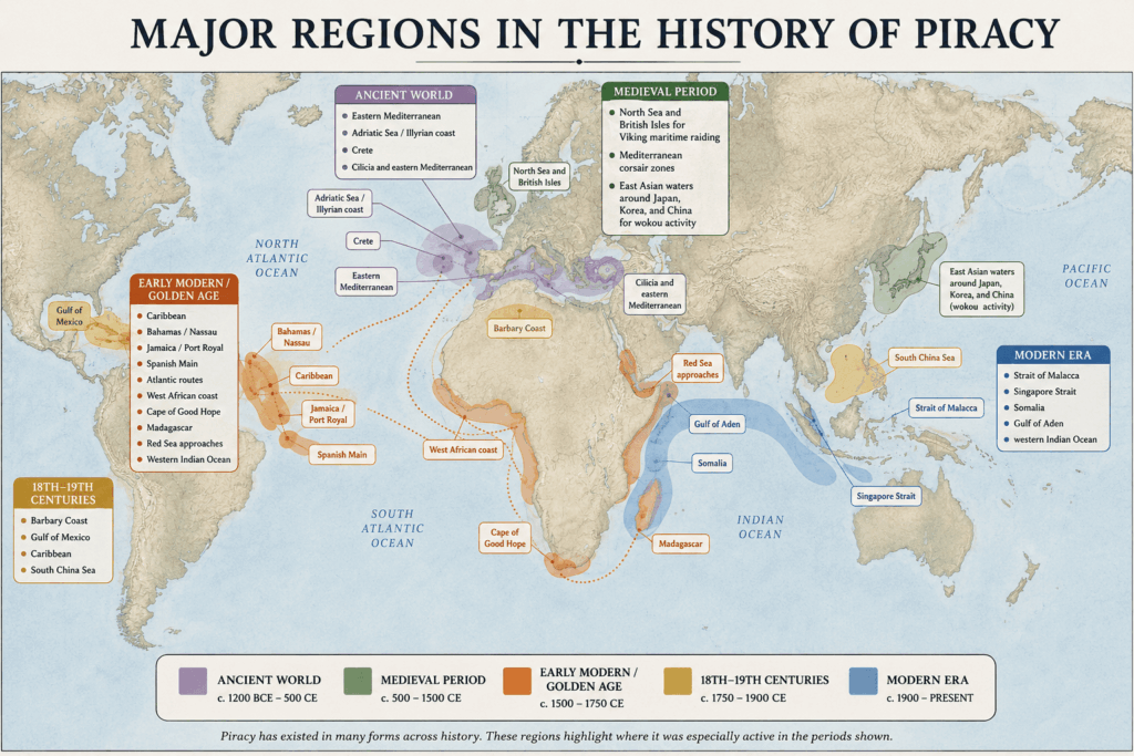 World map showing major piracy regions from antiquity to modern times