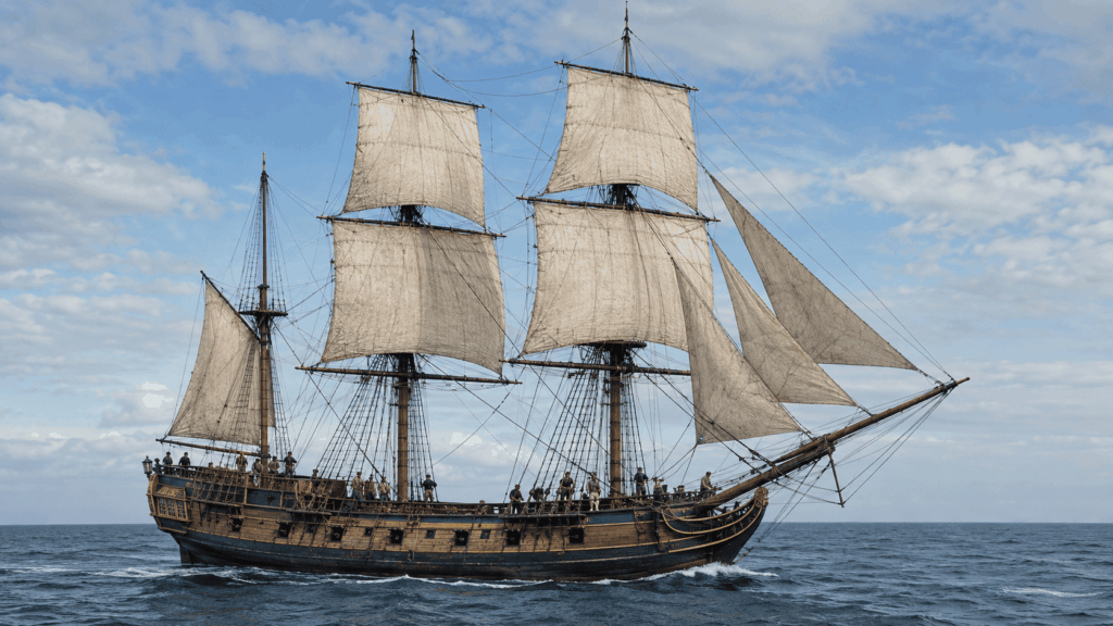 Golden Age pirate ship showing hull, masts, sails, rigging, and gun ports