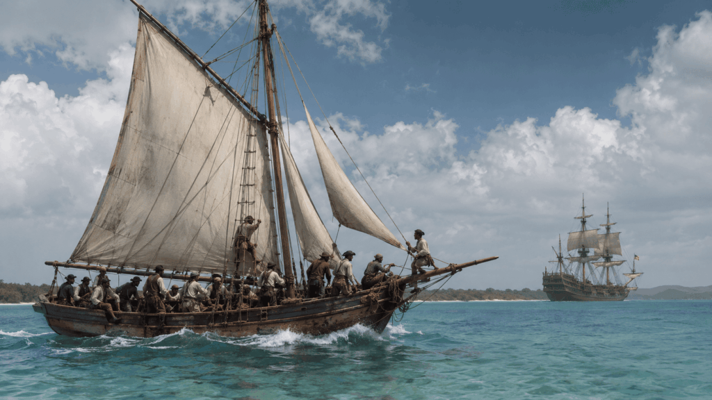 Golden Age pirate sloop sailing in Caribbean waters