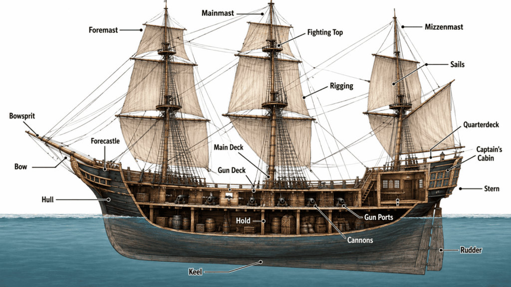 Labeled diagram showing the main parts of a pirate ship