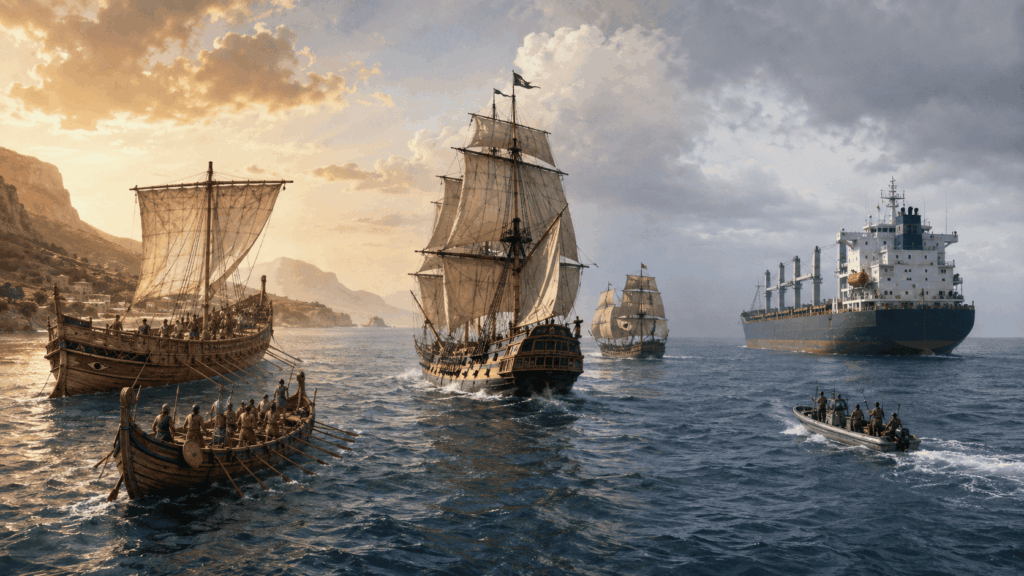 Piracy timeline from ancient Mediterranean raiders to Golden Age and modern piracy
