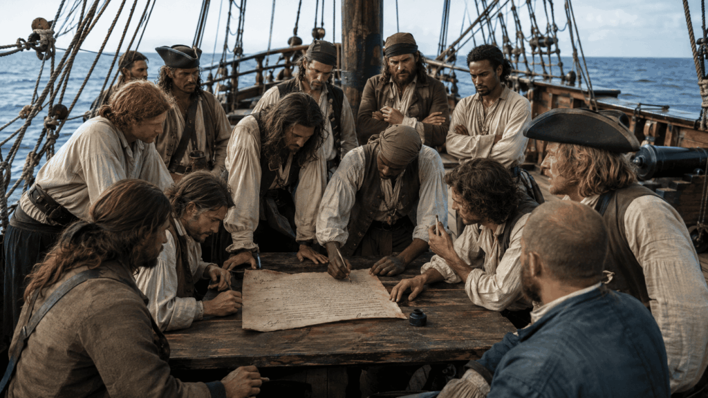 Pirate crew agreeing to shipboard Articles of Agreement