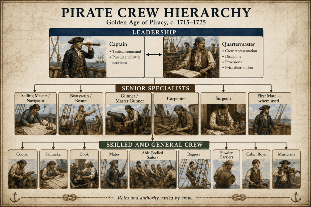 Diagram showing the hierarchy and main roles of a pirate ship crew