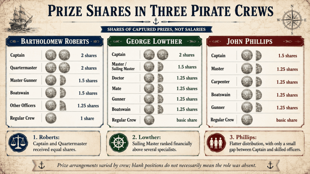Comparison of prize shares for ranks in Roberts, Lowther, and Phillips pirate crews