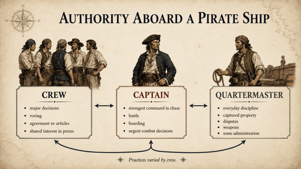 Diagram showing crew, captain, and quartermaster authority on a pirate ship