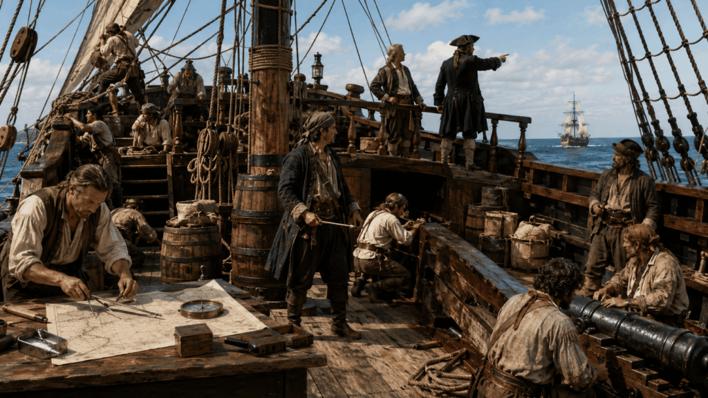 Pirate ship crew performing captain, navigator, gunner, boatswain, and sailor roles