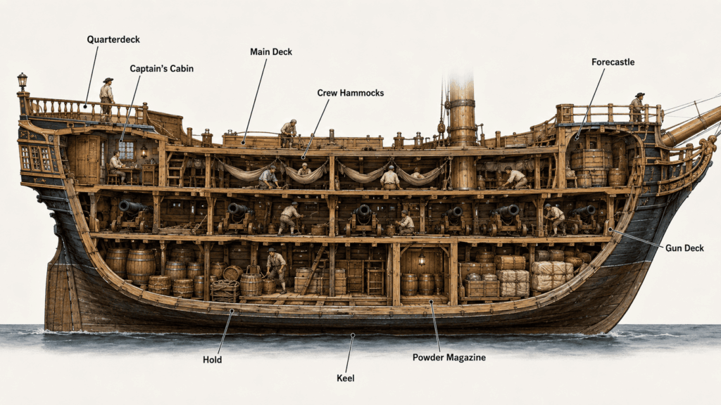 Cutaway diagram showing decks and interior spaces of a pirate ship
