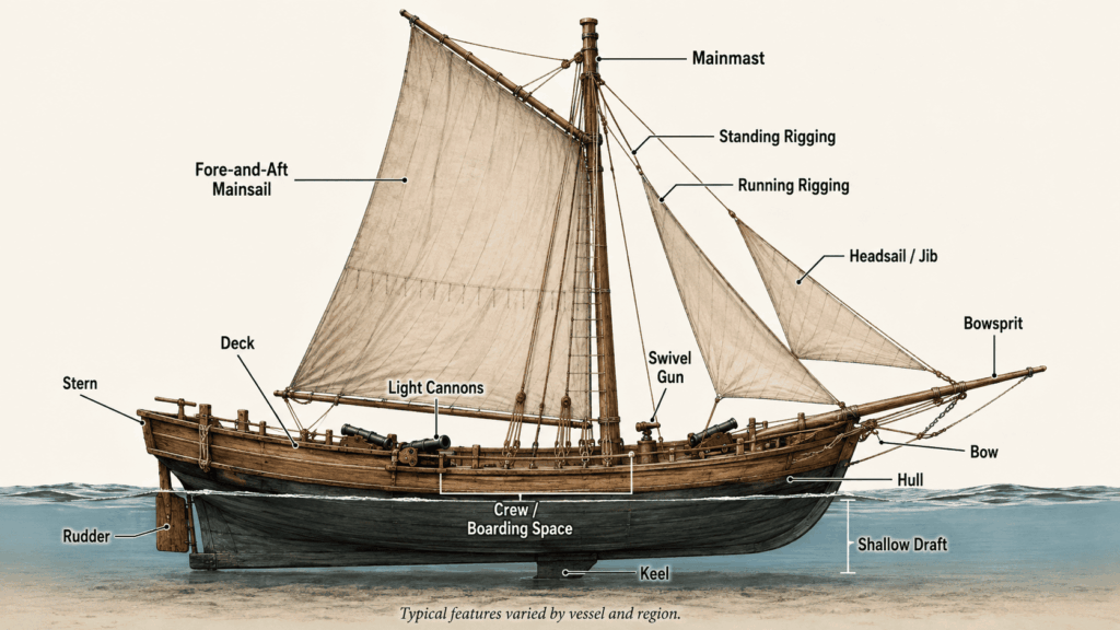 Labeled diagram showing the design and rigging of a pirate sloop