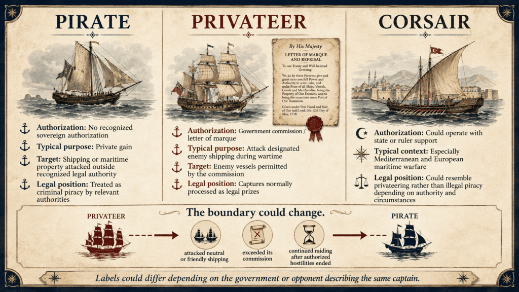 Comparison of pirates, privateers, and corsairs in maritime history