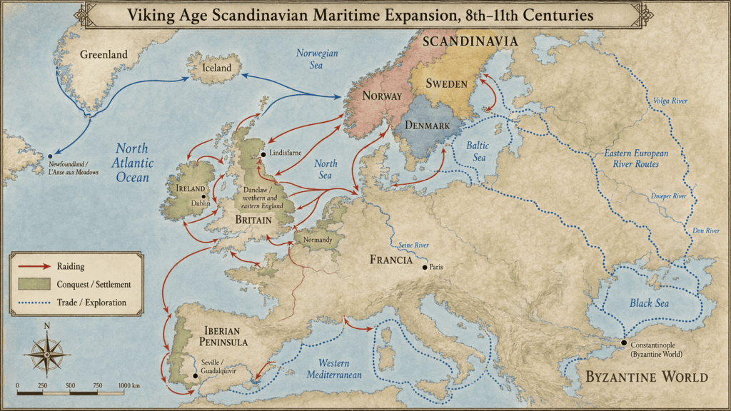 Map of Viking raids, settlements, conquests, and exploration routes