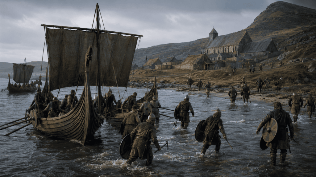 Viking raiders landing from a longship during a coastal raid