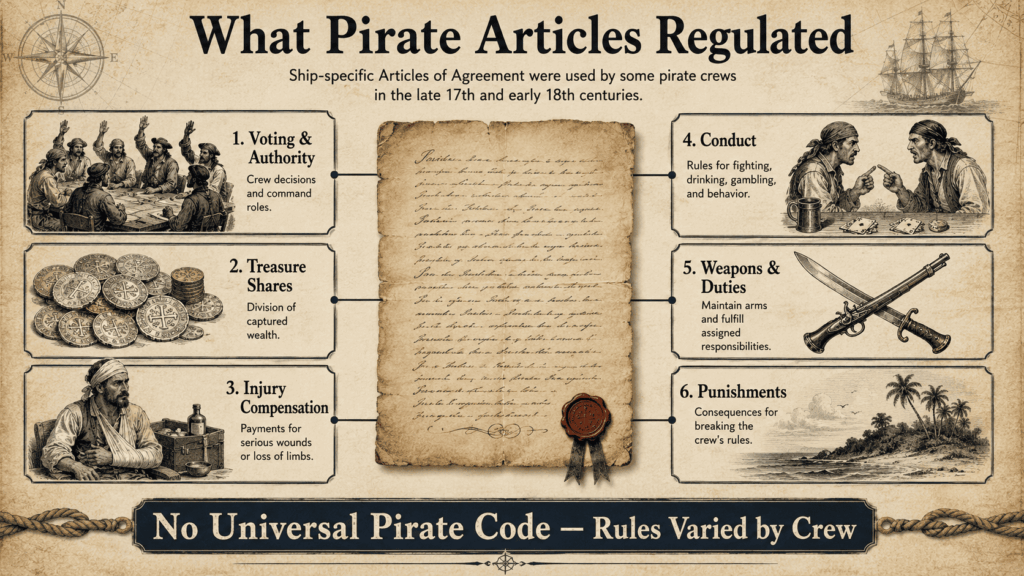 Infographic showing what real pirate Articles of Agreement regulated