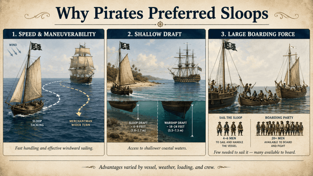 Infographic showing why pirates preferred fast shallow-draft sloops